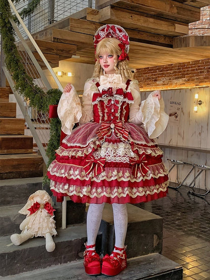 Dress Chain Red Gorgeous Bead Princess Neckline Lolita Flower Bow