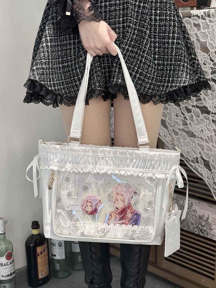 Ruffled Trim Ita Bag Ribbon Bow Large White Capacity Tote