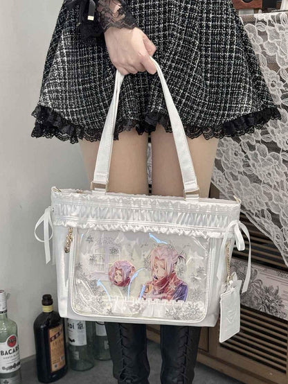 Ruffled Trim Ita Bag Ribbon Bow Large White Capacity Tote