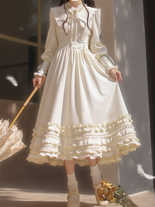 mit floralen Manschetten Hammelkeulenkragen Vintage-Ärmel Aprikosenkleid Schnürstickerei