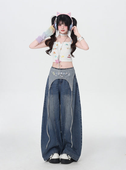 Blue Low Waist Wide-leg Jeans with Letter Embroidery