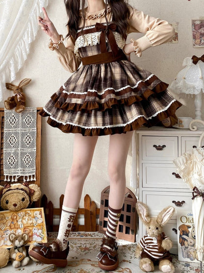 Brown Plaid Pattern Lolita Dress High Waist Autumn and Winter Lolita Jumper Skirt