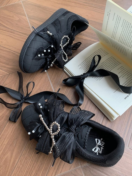 Decorated Front Beaded Black Bow Lace-up Lace Top Ties Sneakers at