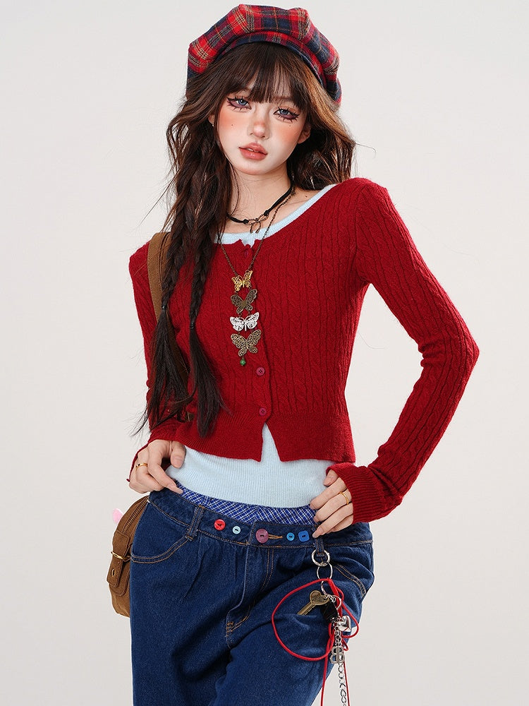 Red/Black/Grey Fake Two-piece Design Slim-fit Knit Top