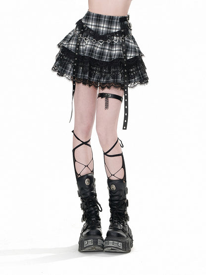 Uniform Tiered Skirt Black Plaid Pattern Straps Buckle JK Lace Trim