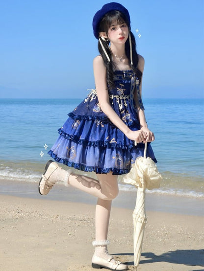 Navy Blue Celestial Globe &Starry Empire Waist Lolita Jumper Skirt