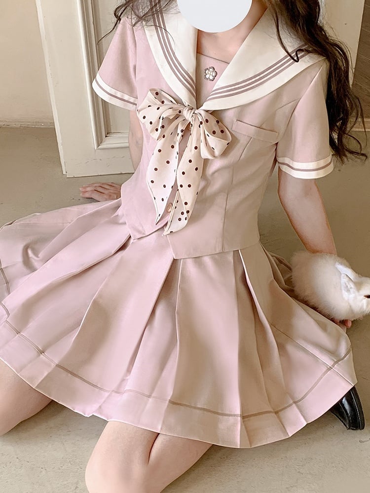 Sleeves Sweet Beige Embroidery Short Collar Sakura Top with Pink Sailor