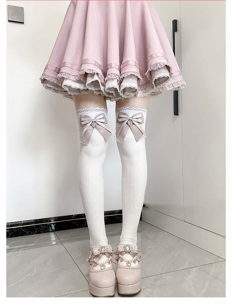 Dusty Pink Bow Detail Front Heart Rhinestone Jirai Kei Over Knee Stockings