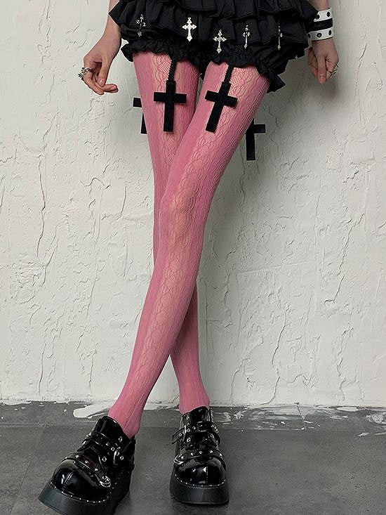 Y2K Strumpfhose mit ausgehöhlten Rosen, rosa gestreiftes Design