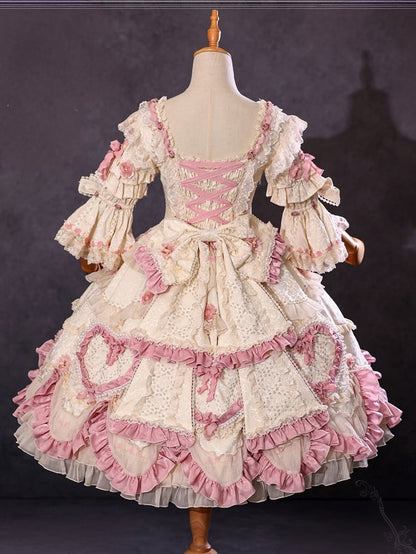 Beige Hanayome Rosette Embroidery Floral and Bead Chain Lolita OP Full Set