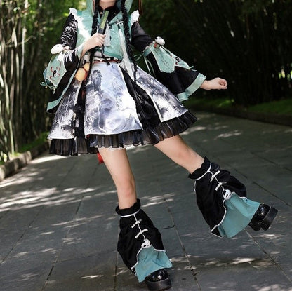 with Black Decoration Green Strapped Plush Panda and Leg Warmers