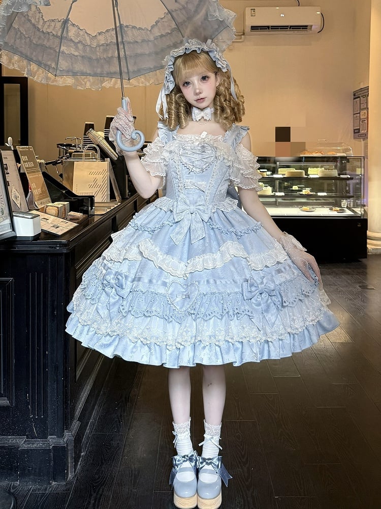 Blue and White Old School Lolita Dress Bows and Heart Shape Decoration Princess Lolita Jumper Skirt