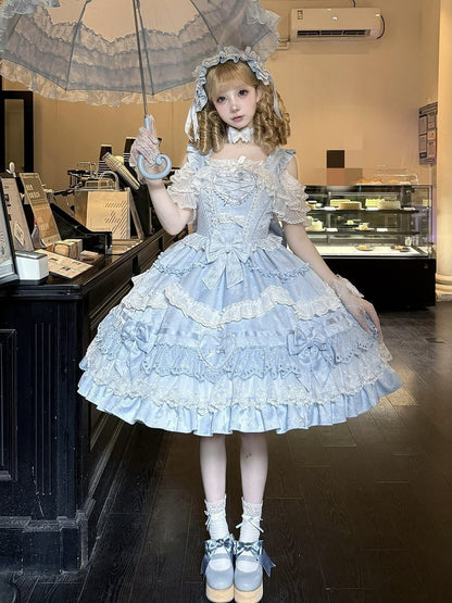 Blue and White Old School Lolita Dress Bows and Heart Shape Decoration Princess Lolita Jumper Skirt