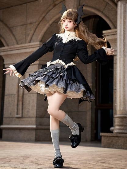 Gothic Lolita Full Set - Black Swallow Tail Long Sleeves Top + Gray Tiered Skirt + Red Jabot Brooch