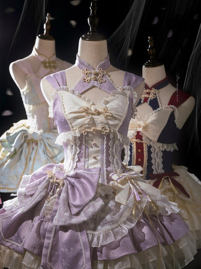 Purple Corset Waist Qi Lolita Dress with Big Bow on Waist