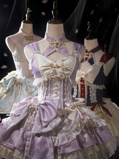 Robe Lolita Qi à taille corset violette avec gros nœud à la taille