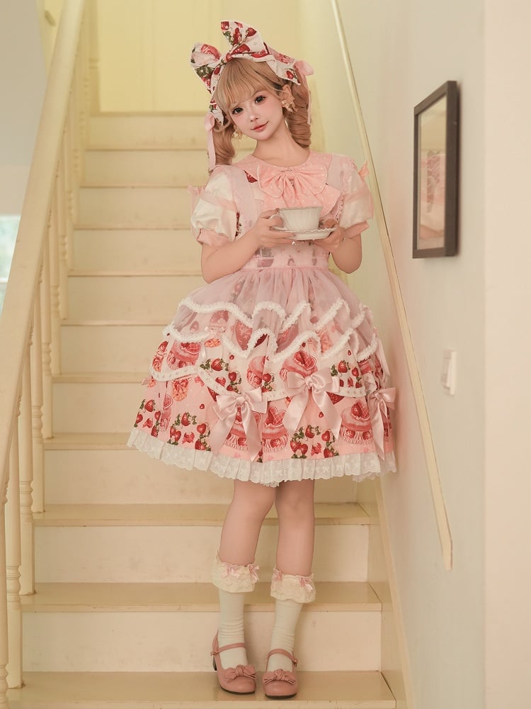 Ensemble complet Lolita une pièce rose à imprimé fraise et col Peter Pan