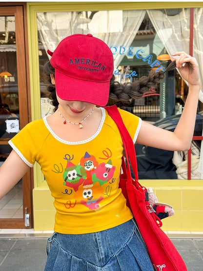 Cartoon Print T-Shirt Neck Ginger Lace Trim Round