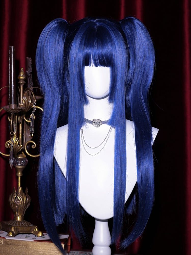 Blue Hime Cut Long Straight Synthetic Wig