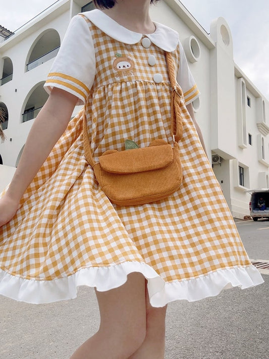 Robe à carreaux et manches courtes à col Peter Pan Orange Bear