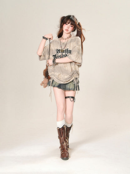 Loose Apricot Letter Print Drawstring Waist Distressed Holes T-Shirt