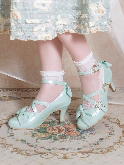 Riemen – Süße 6,5 cm Schleife Lolita Crisscross mit Sternschnalle Stil Absatzschuhe Grüne Akzente