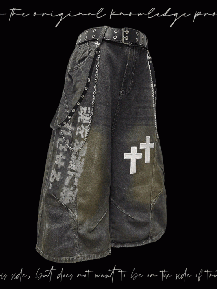 Dunkelblaue Jeans mit weitem Bein, verblasste Waschung, Kreuzapplikationen, Distressed