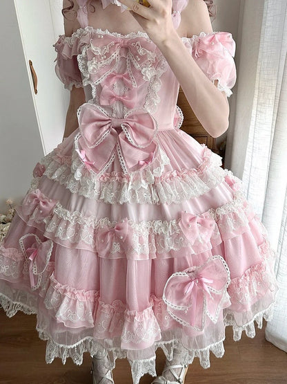 Sweet Lolita Princess Bead Dress Bow and at Back with Pink Big Accents Details