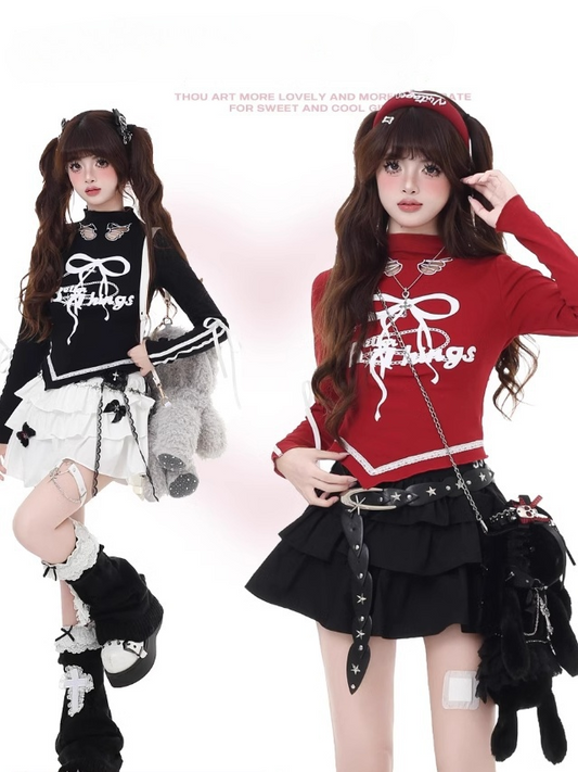 Print Cutout Bowknot Curved Hem Top Red/Black Mock Wing-shaped Vintage Neck