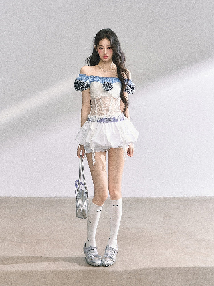 Cascading Waist Top Ruffles Off-the-Shoulder Neckline Lace Patches Blue