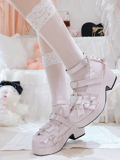 Decorated Jirai Kei Block Heels Lace-up Polished Platform Pink Details High Heart Rhinestone