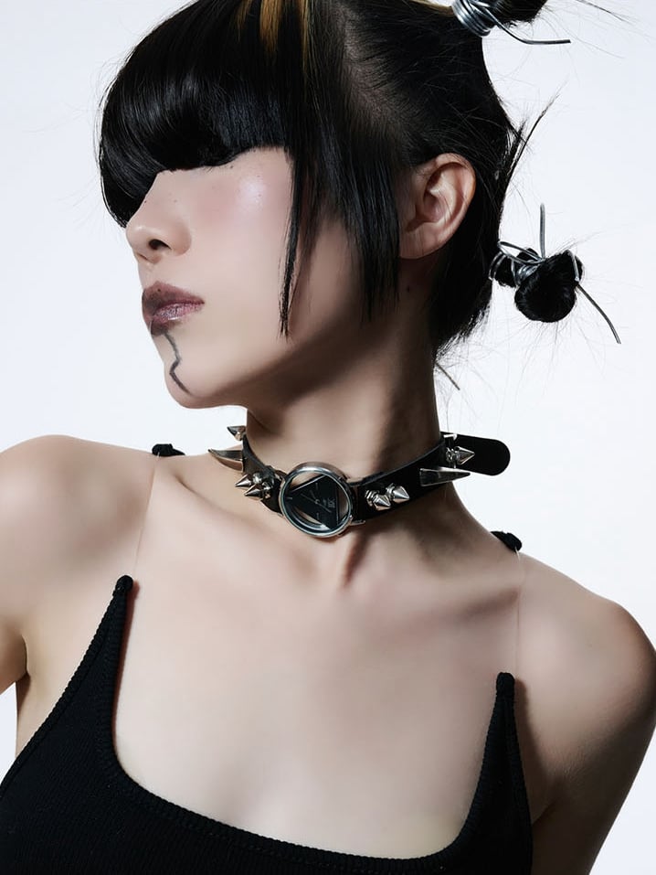 Y2K Black Cyberpunk Metal Clock Double-layered Choker