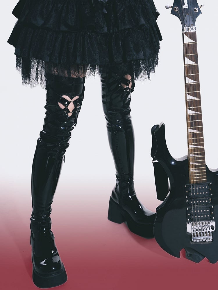 Polished Black Heart-shaped Cutout Detail Gothic Thigh-high Boots