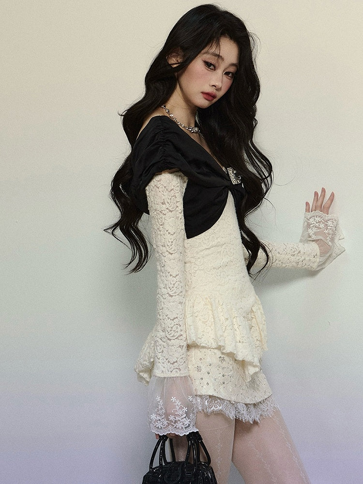 Apricot Big Bow Adorned Asymmetrical Hem V-neck Long Sleeves Lace Top