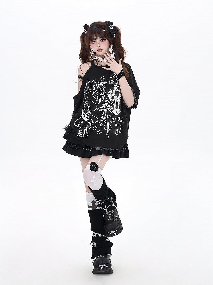 Black/Beige Cutout Shoulder Graffiti Bittersweet T-Shirt Angel Lucky