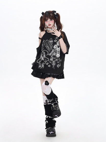Black/Beige Cutout Shoulder Graffiti Bittersweet T-Shirt Angel Lucky