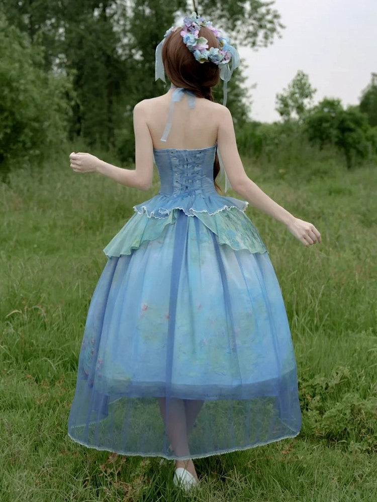 Tiered Flounce Hem Halter Boned Corset Top Print Sky Painting Fairy Oil Blue