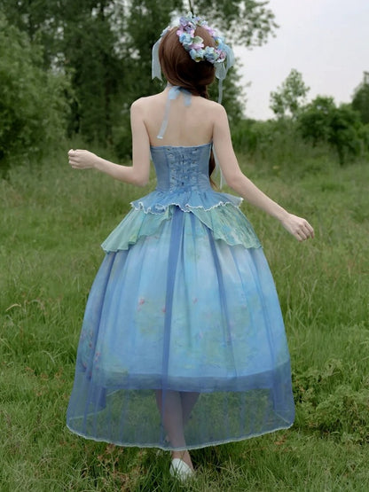 Tiered Flounce Hem Halter Boned Corset Top Print Sky Painting Fairy Oil Blue