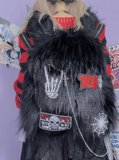 Black Skeleton Applique Punk Shaggy Backpack