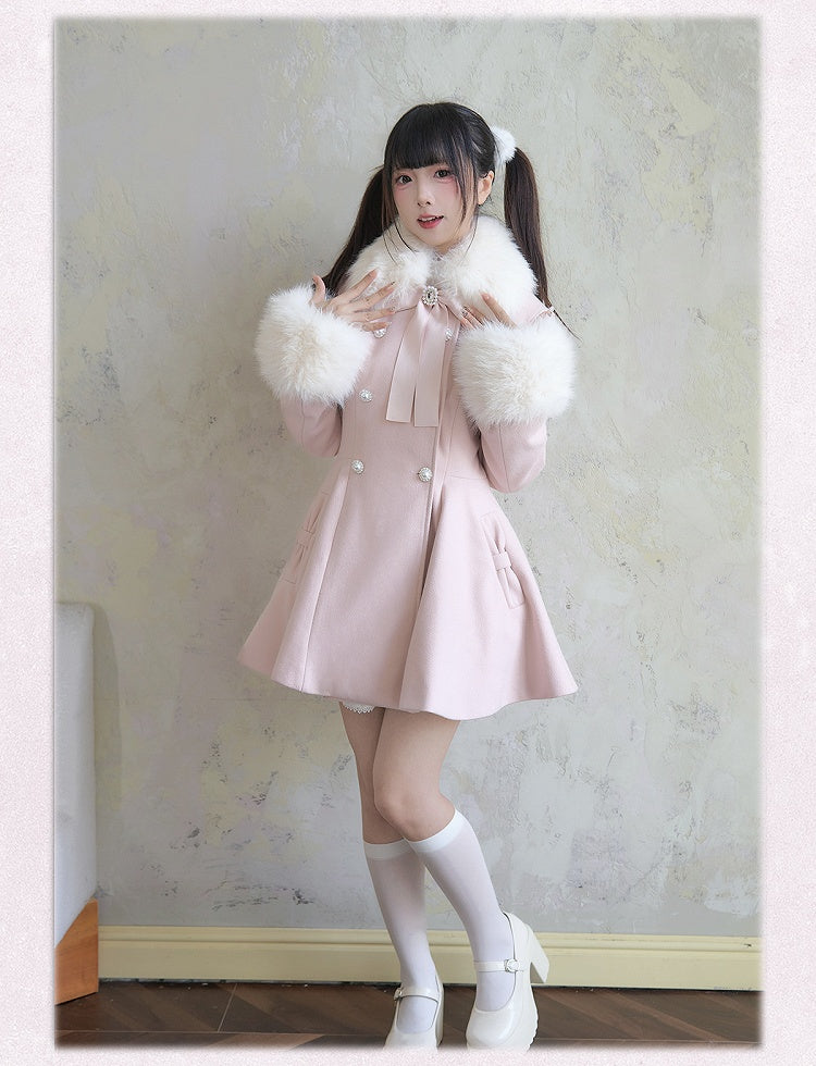 Pink Coat Detachable Jirai Kei Big Bow Fluffy Collar and Cuffs Breasted with Rhinestone Double