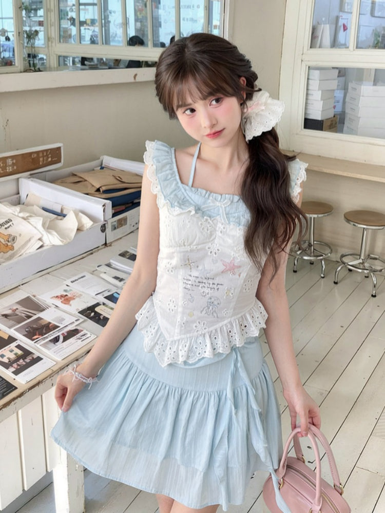Yume Kawaii Blue Bowknot Detail Waist Tiered Skirt
