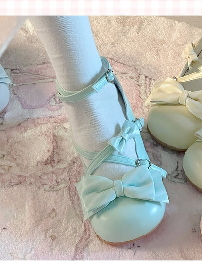 Striped with Janes Mary Mid-heel PU Bows Grass Green