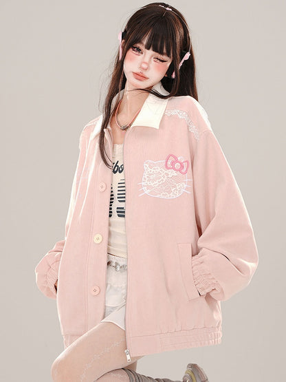 Pink Kitty Embroidery Baseball Jacket