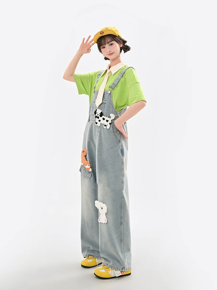 Light Blue High Adorable Animal Appliques Denim Overalls Waist