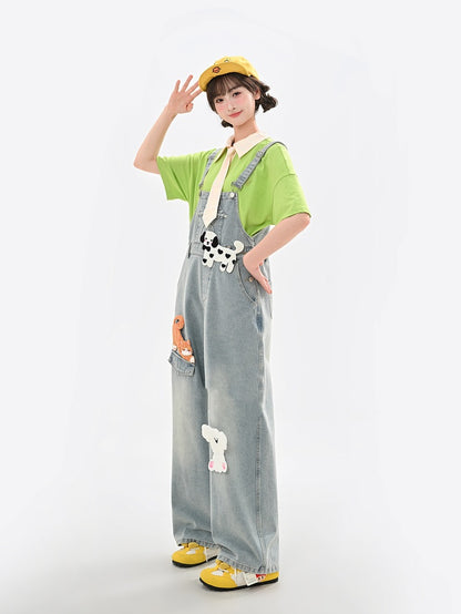 Light Blue High Adorable Animal Appliques Denim Overalls Waist