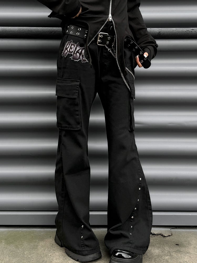 Punk Black Letter Patch Cargo Pockets Low Waist Fishtail Pants with Belt