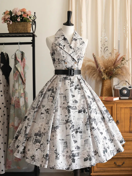 Blazer Collar 1950s Retro Dress Summer Fashion Print Newspaper