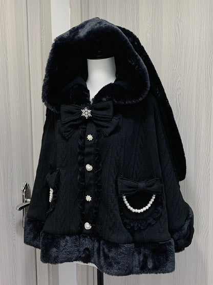 Design Detachable Plush Cape Bowknots Hood Jirai Kei Black Bunny Ears