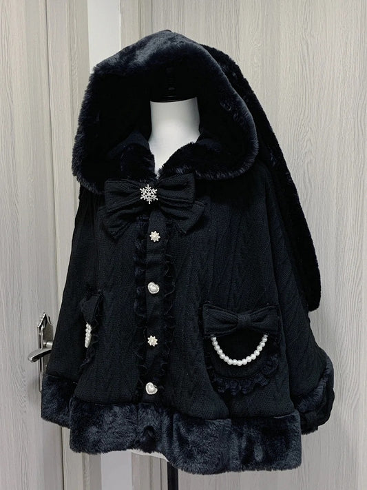 Design Detachable Plush Cape Bowknots Hood Jirai Kei Black Bunny Ears