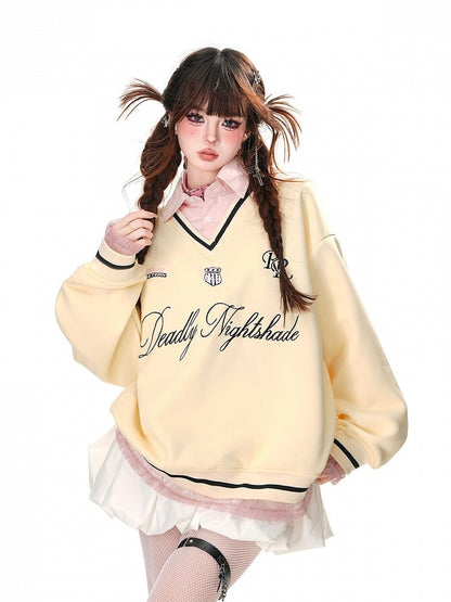 Apricot/Pink Polo Collar Letter Embroidery Spring Loose Sweatshirt Faux Two-pieces